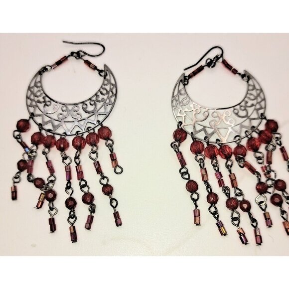 Women's Tribal Style Hand Crafted Earrings Silver Tone Metals Ruby Red Beads - Picture 1 of 4